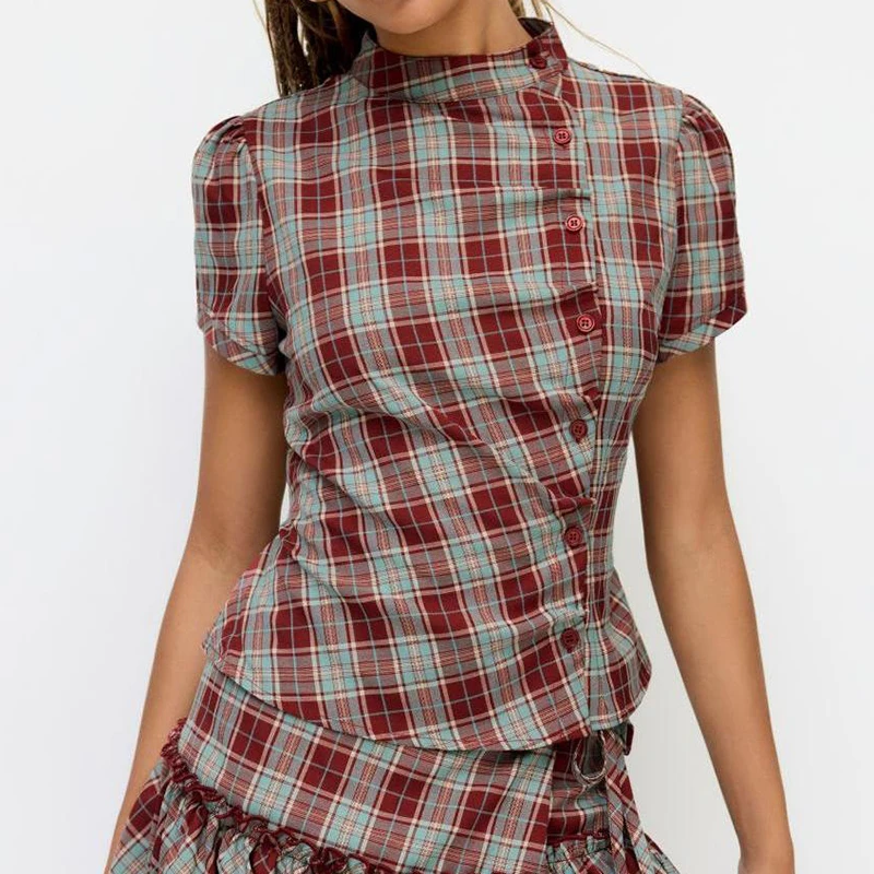 Women's Summer Retro Plaid Shirt Stand up Collar Short Sleeve Casual Top with Waist Cinched Bow Tie