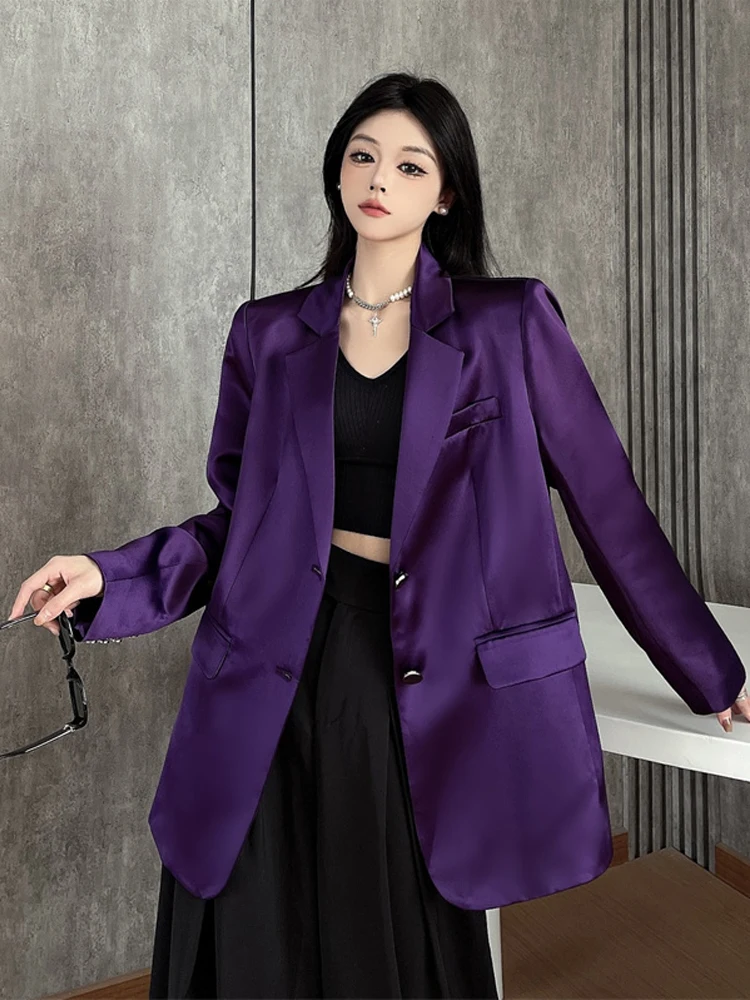 Fashion Acetate Satin Blazer Women's 2025 Summer Loose Casual Single breasted jacket Purple Spring Outerwear INKEO 5O044