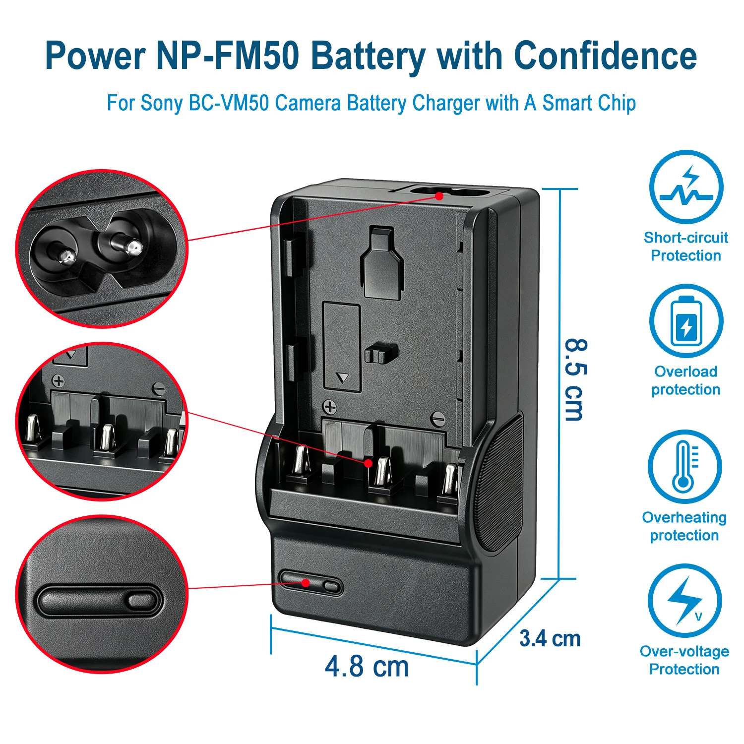 für Sony NP-FM30, FM50, FM55H, QM50, QM51, FM70, FM71, QM71, QM71D, FM90, FM91, QM91, QM91D Akkuladegerät BC-VM50 – Detail 3