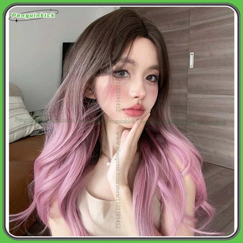 Long Wavy Synthetic Wig Chic Girls Body Wave Scalp Lolita Party Heat Resistant Hair Frosted Color Brown Pink Middle Part Bangs