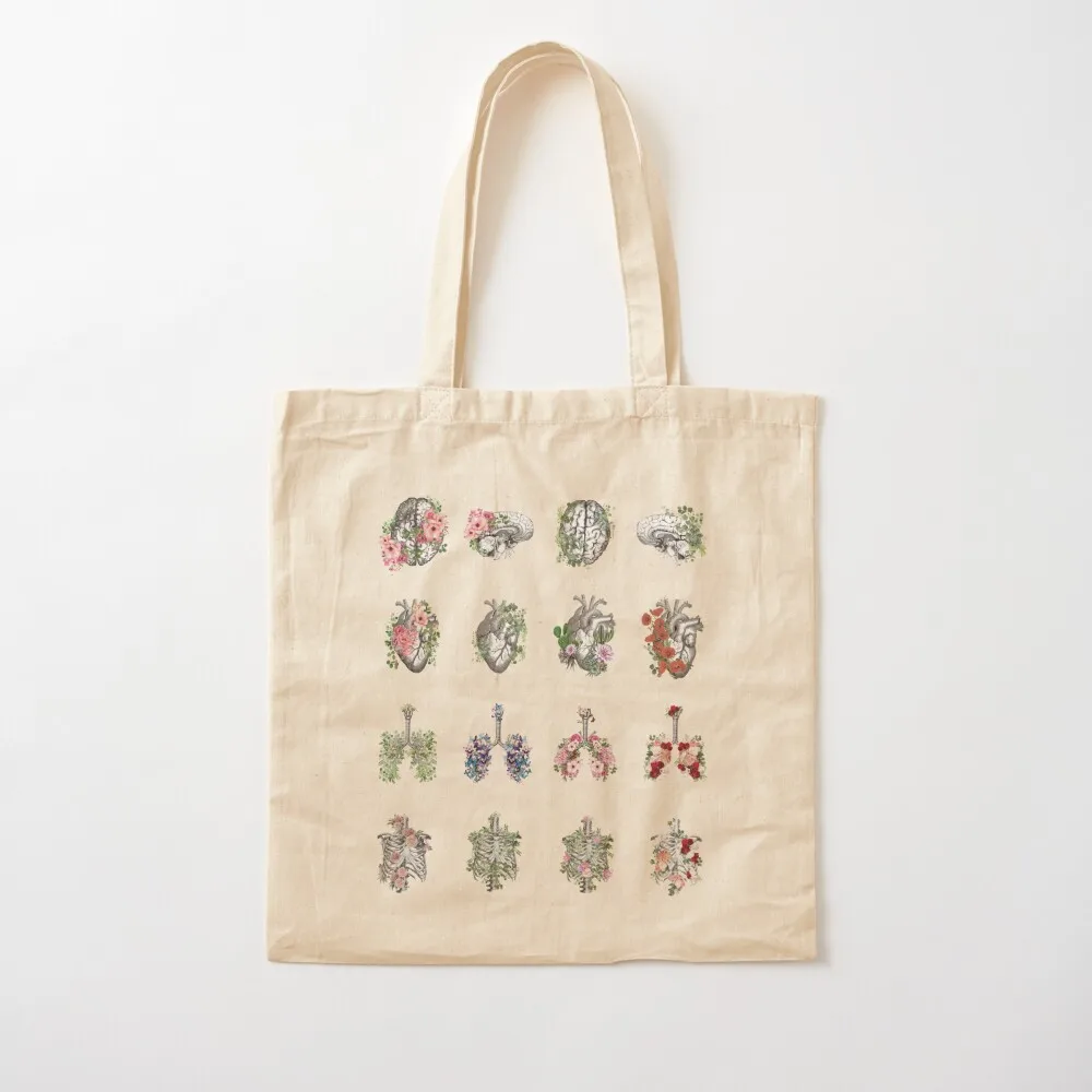 Anatomy collection, Floral Human anatomy, parts of human anatomy, heart, brain, lungs, rib cage with floral decoartive Tote Bag