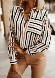 Women's fashionable casual versatile simple striped printed V-neck shirt, 2025 autumn/winter new women's clothing