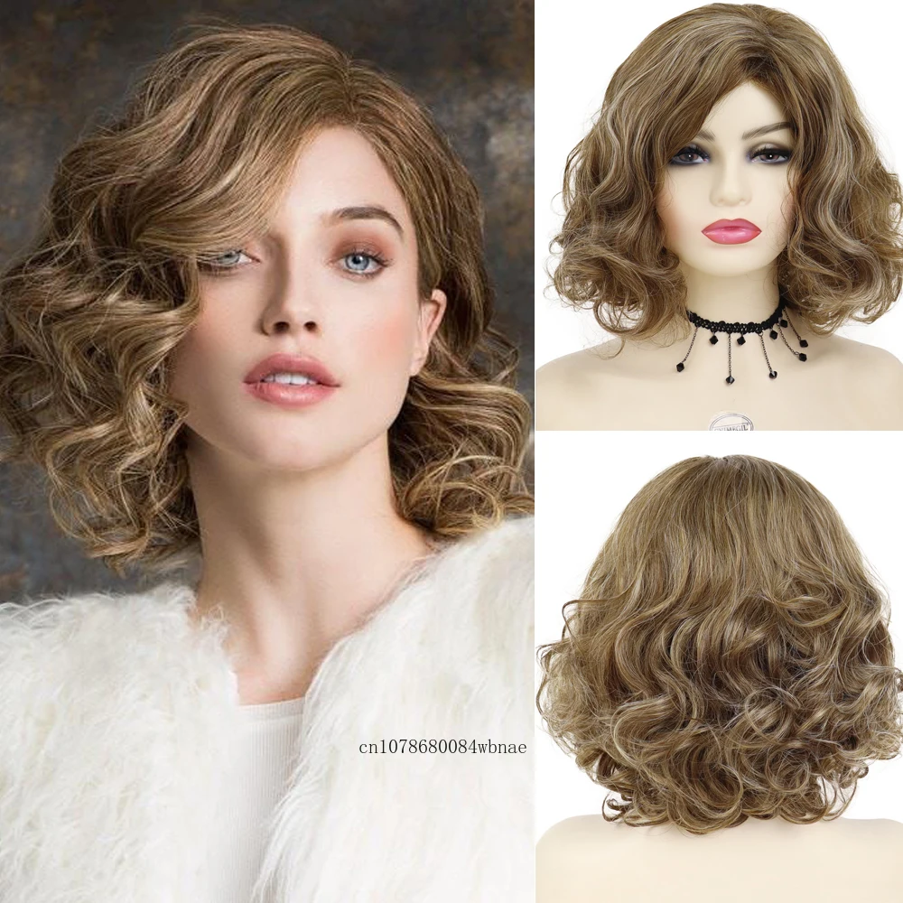 

Shoulder Length Brown Synthetic Hair Natural Curly Wavy Wig for Women Short Wigs with Side Bangs Heat Resistant Daily Party Use