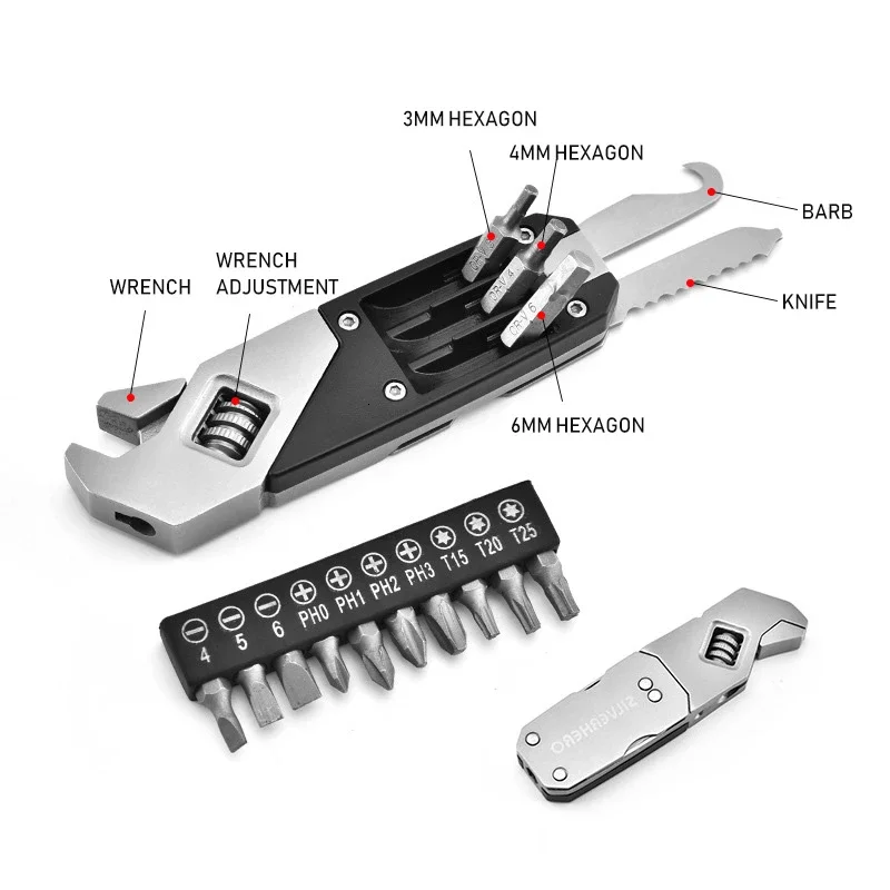 Mini Wrench  Multi-Function Adjustable Wrench Portable Screwdriver 13 Bits Knife Stainless Steel Outdoor Home DIY Hand Tools