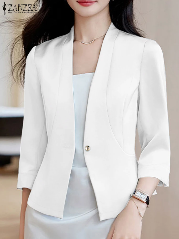 Mulheres sólido trabalho ol blazer ternos casacos finos zanzea outono com decote em v 3/4 manga jaquetas de cetim elegante senhora do escritório blazer outwear