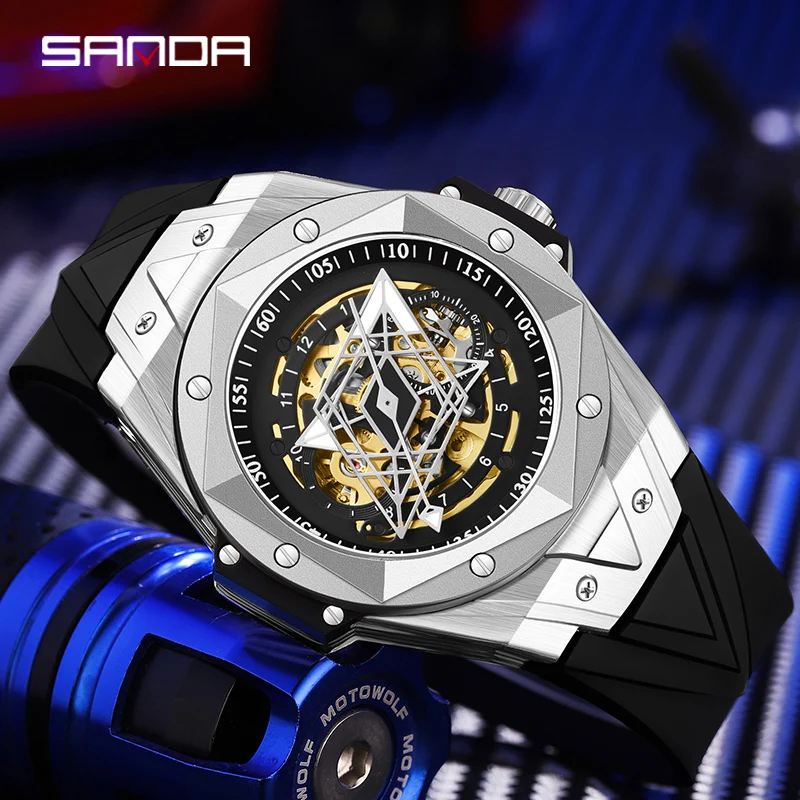 SANDA Luxury Watches For Men Automatic Mechanical Watch 30M Waterproof Rubber Strap Male Wristwatch Hollow out design dial