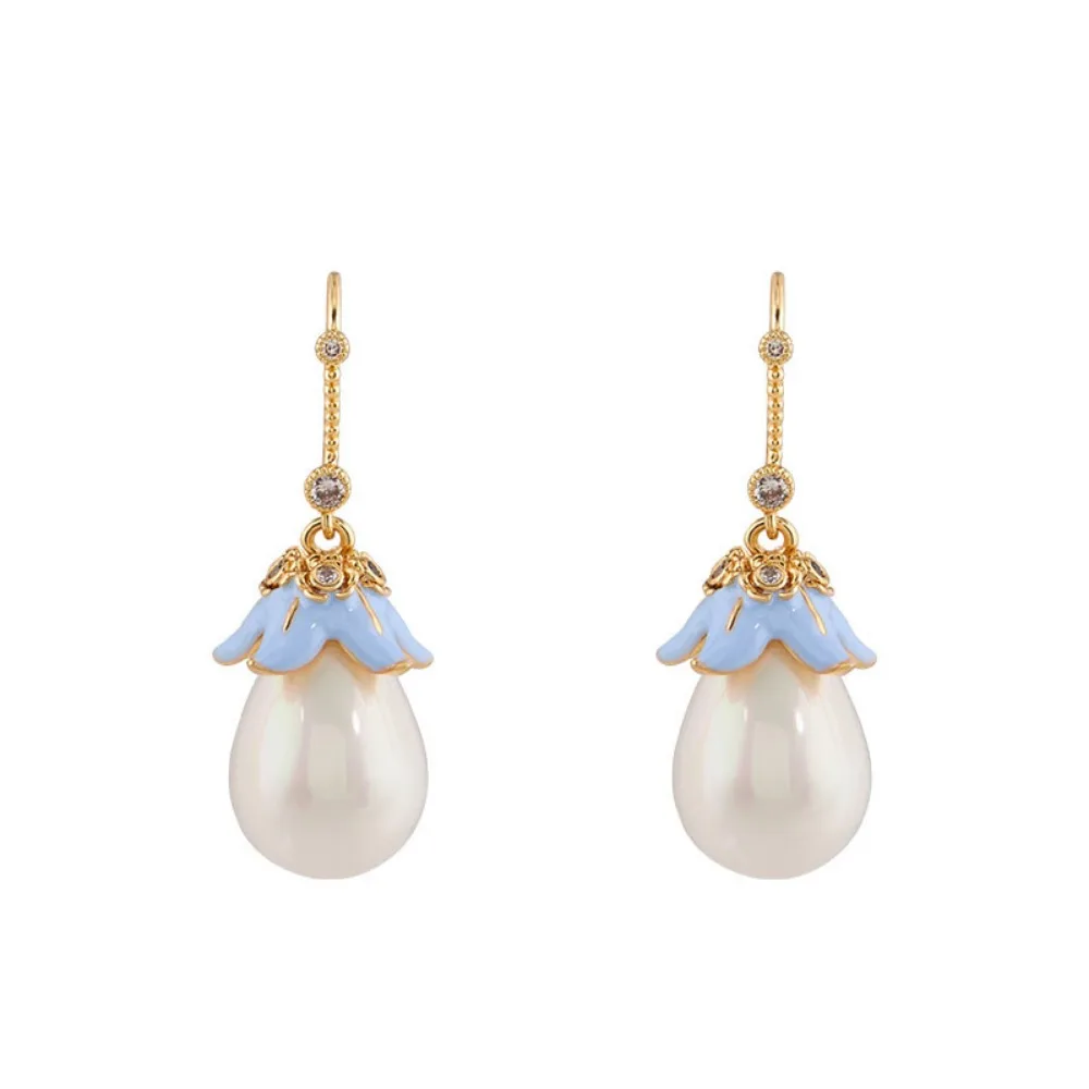 

Hand-painted Enamel Blue Petals, Water Drops Pearl Dangle Ear Hooks, Fairy Style Light Luxury, Versatile Fashion Zircon Earrings