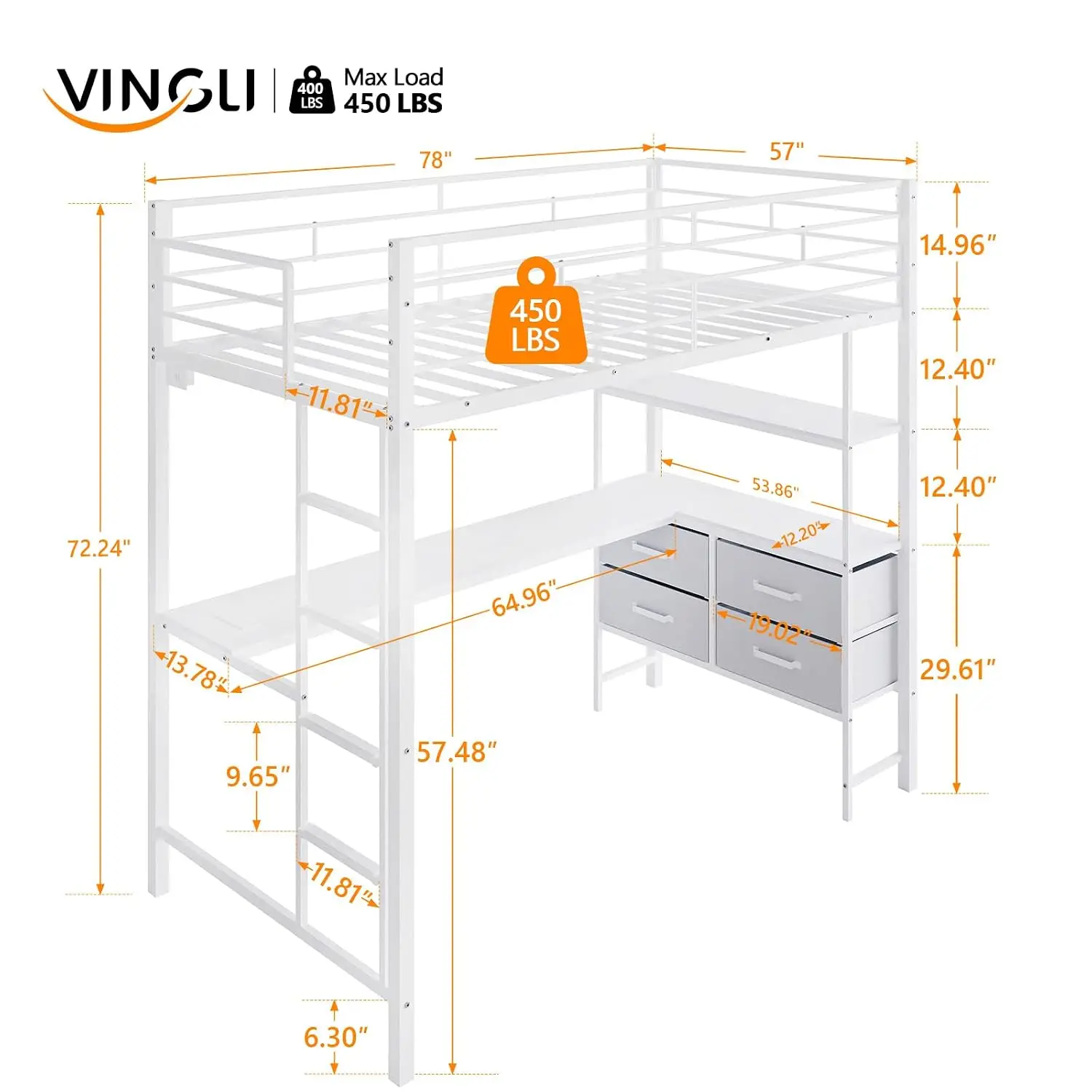 Metal Loft Bed Frame with 15