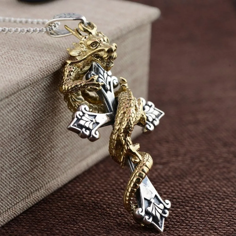 BOCAI New S925  Silver Man Pendant Cross China Dragon Fashion Personality Good Luck Jewelry Gift Drop shipping