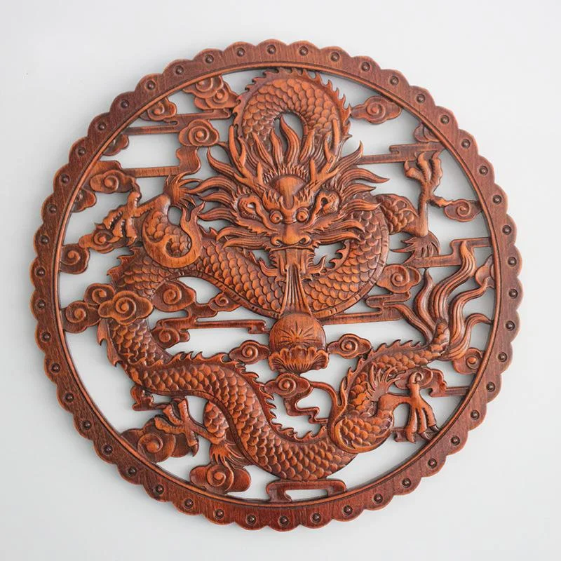 Round Camphor Wood Carving Craft Wall Decor Chinese Antique Living Room Shelf 58cm