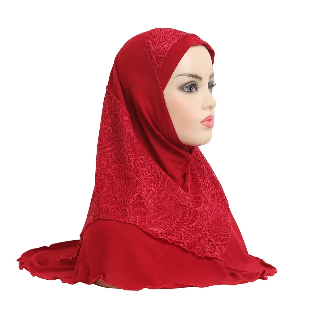 H126 High Quality Medium Size 70*60cm Muslim Amira Hijab with Lace Pull on Islamic Scarf Head Wrap Pray Scarves Women\'s Headwear