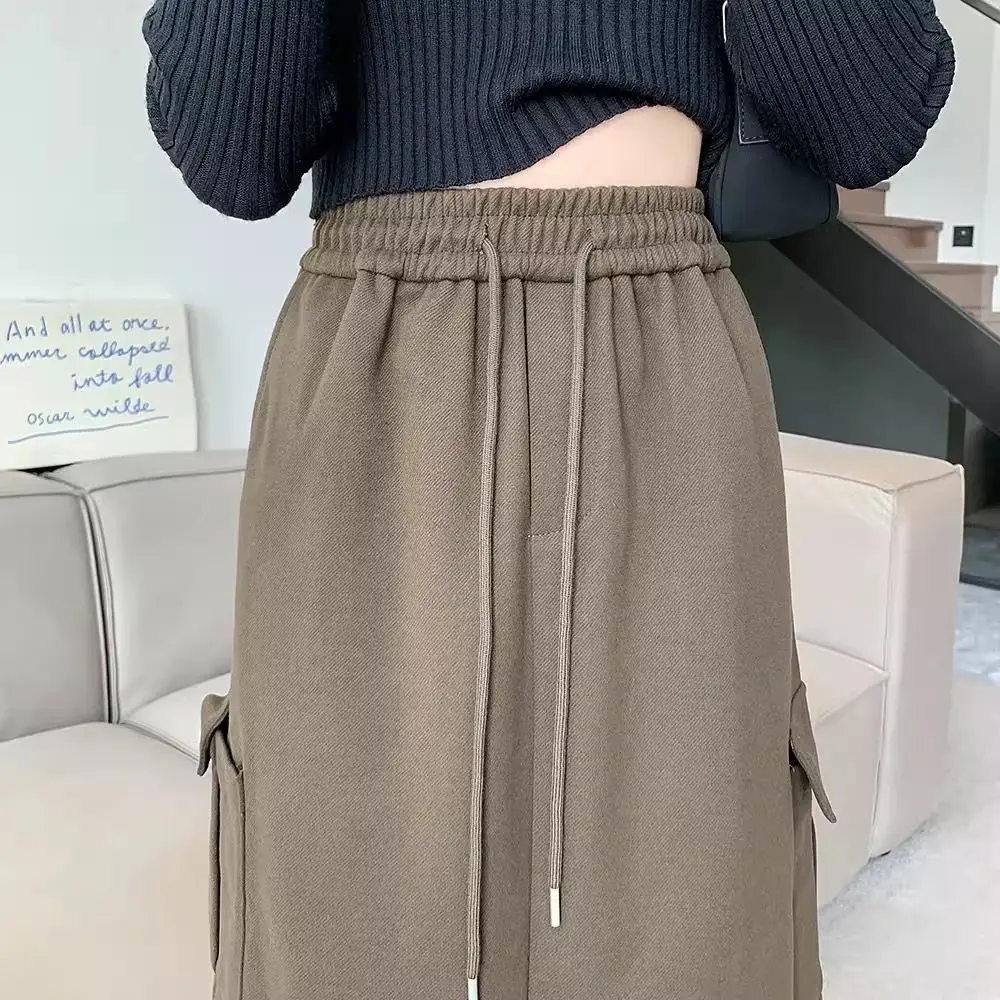 Grote Maat Halfbody Rok Lente Herfst Winter Model Hoge Taille Gedrapeerd Casual Mid-Length Tweed Split One-Step Rok Student