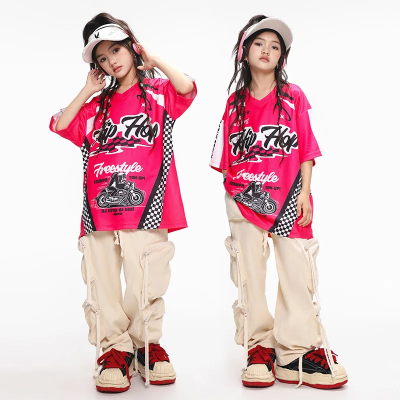 Meisjes Hiphop Kostuum Jazz Dance Rose T-Shirt Losse Broek Streetdance Outfit Oefenkleding Voor Kinderen