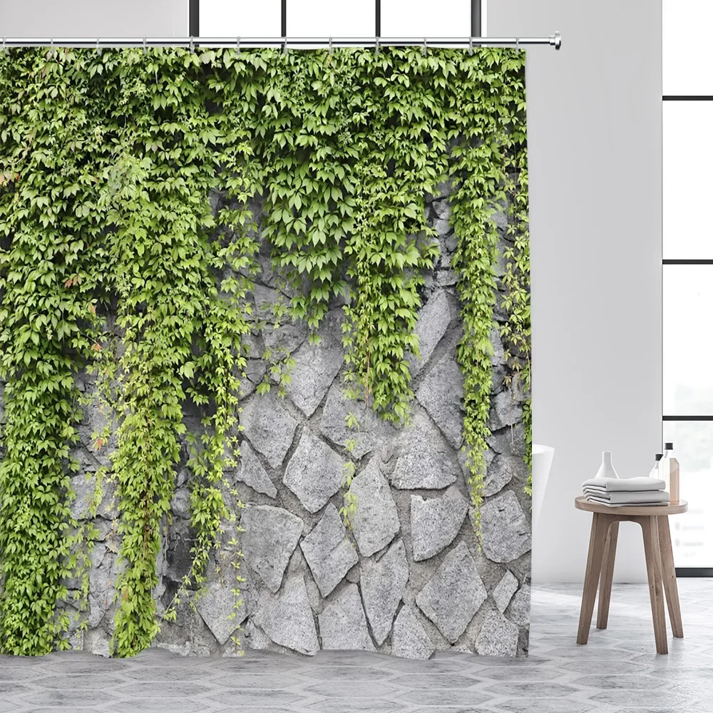 Vintage Stone Tile Wall Shower Curtain Farm Fabrics Green Leaves Spring Vines Natural Fabrics Floral Bathroom Home Decor Curtain