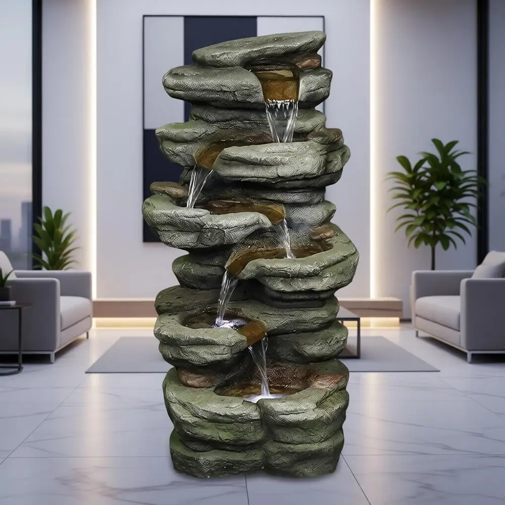 

30.7inches Outdoor Water Fountain - 6-Tiers Rock Waterfall Fountain with Led Lights for Home Garden Decor
