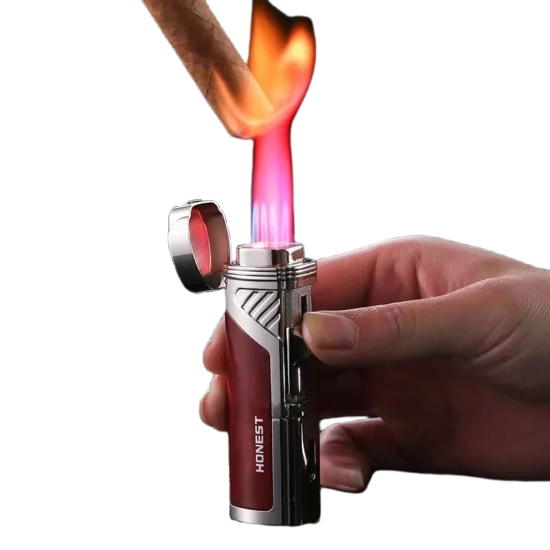 

HONEST Multi functional Cigar Knife Four hole Windproof Direct Red Flame Metal Lighter Multi color Woodgrain High end Lighter