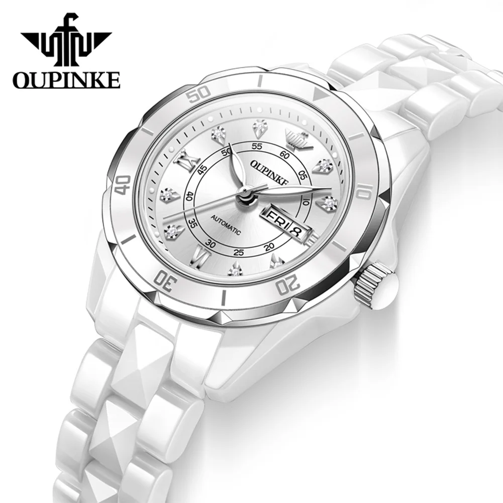 OUPINKE Ceramic Women Watch Luxury Original Automatic Mechanical Watch Sapphire Mirror Diamond Waterproof Calendar Women Watch