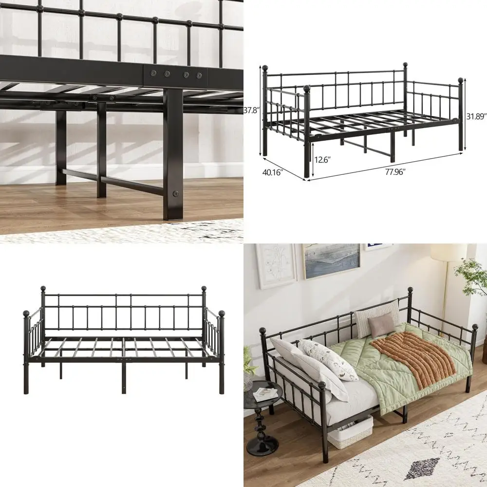 Twin Size Black Metal Daybed with Steel Slats, Noise-Free Platform Sofa Bed for Bedroom