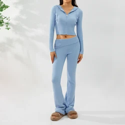 y2k Women 2 Pieces Knitted Set Outfits Solid Color Long Sleeve Zipper-Up Slim Fit Hooded Crop Tops and High Waist Long Pants Set