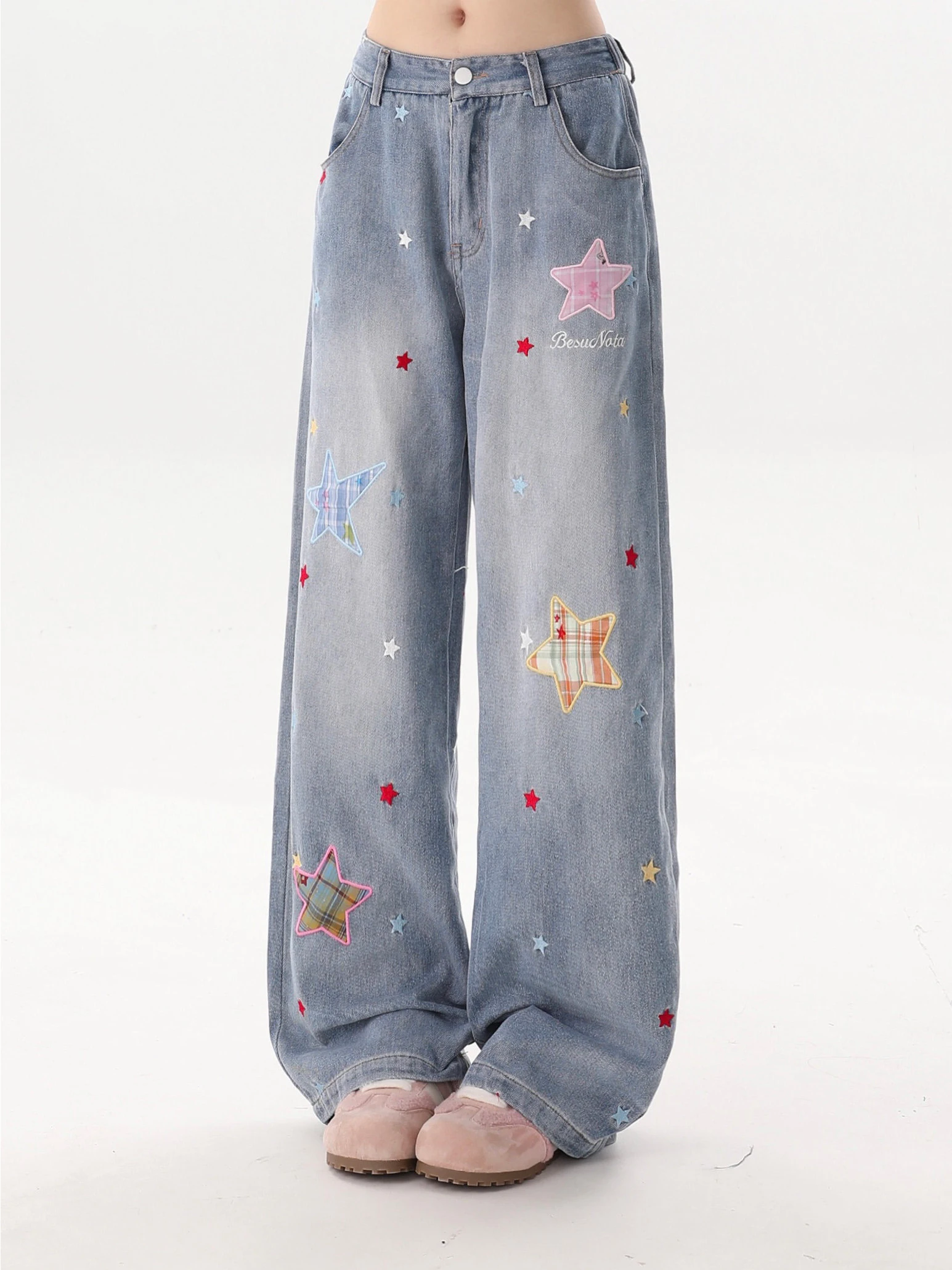 

Американские винтажные джинсы с вышивкой звездами, свободные, широкие, из смесового хлопка, на все сезоны, женские, модные, комфортные