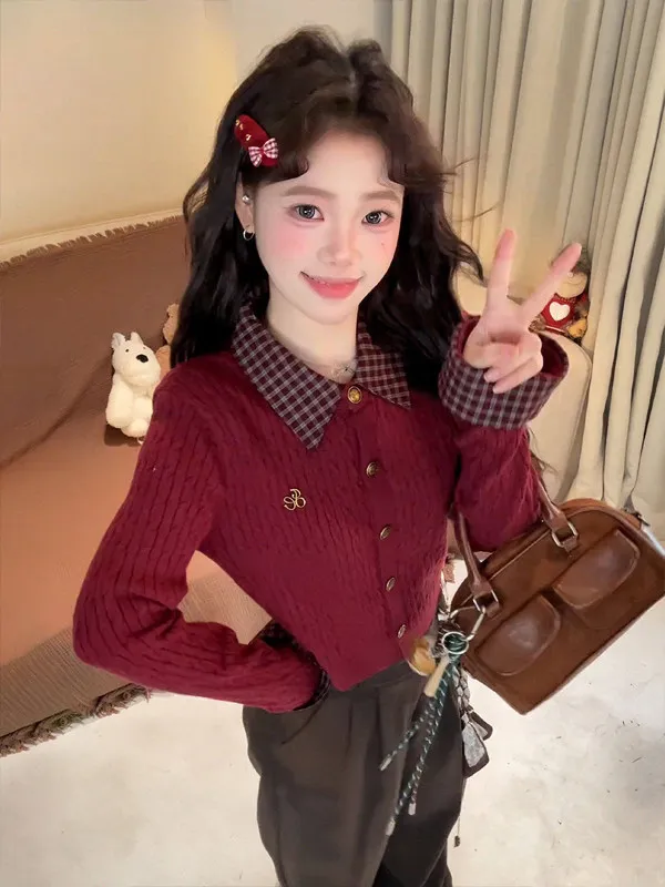 

Korean College Style Neck Knitted Sweater Women's Slim Fit Plaid Twist Spring Autumn Top Casual Style Medium Softness