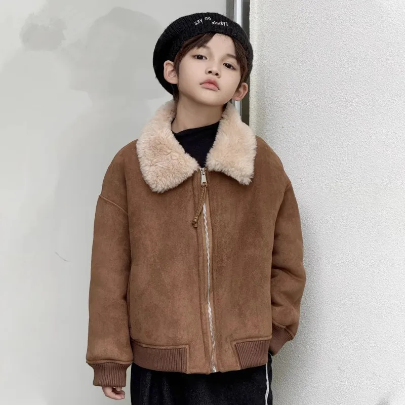 High-End Children's Real Wool Fur Jacket Thicker Warm Motorcycle Jacket Coat For Boys Girls A4826