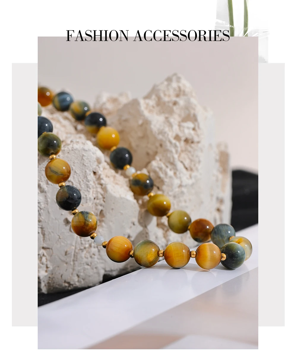 Yhpup Maillard Naturstein Tiger Runde Perlen Kette Kragen Halskette Edelstahl Handgefertigter Schmuck Wasserdicht für Frauen Geschenk – Detail 9