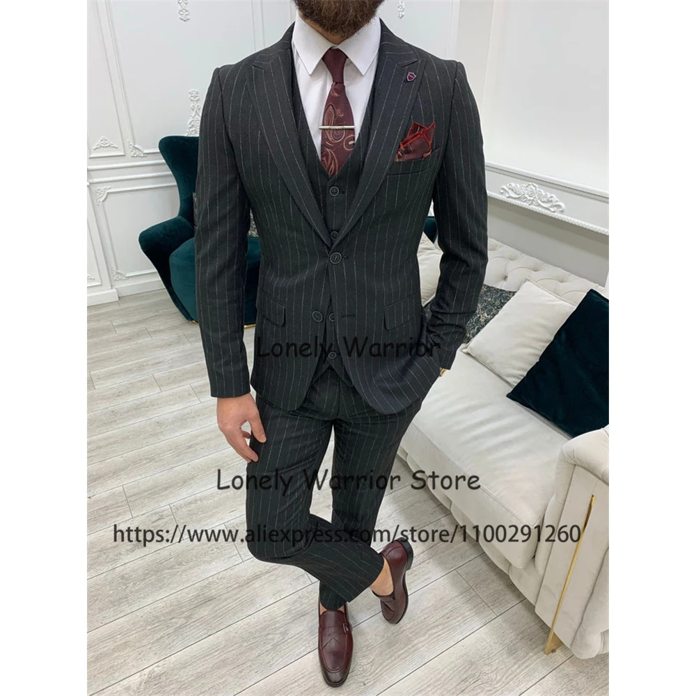 

Classic Black Stripe Mens Suit Slim Fit Formal Business Blazer Wedding Groom Tuxedos 3 Piece Set Costume Homme Jacket Vest Pants