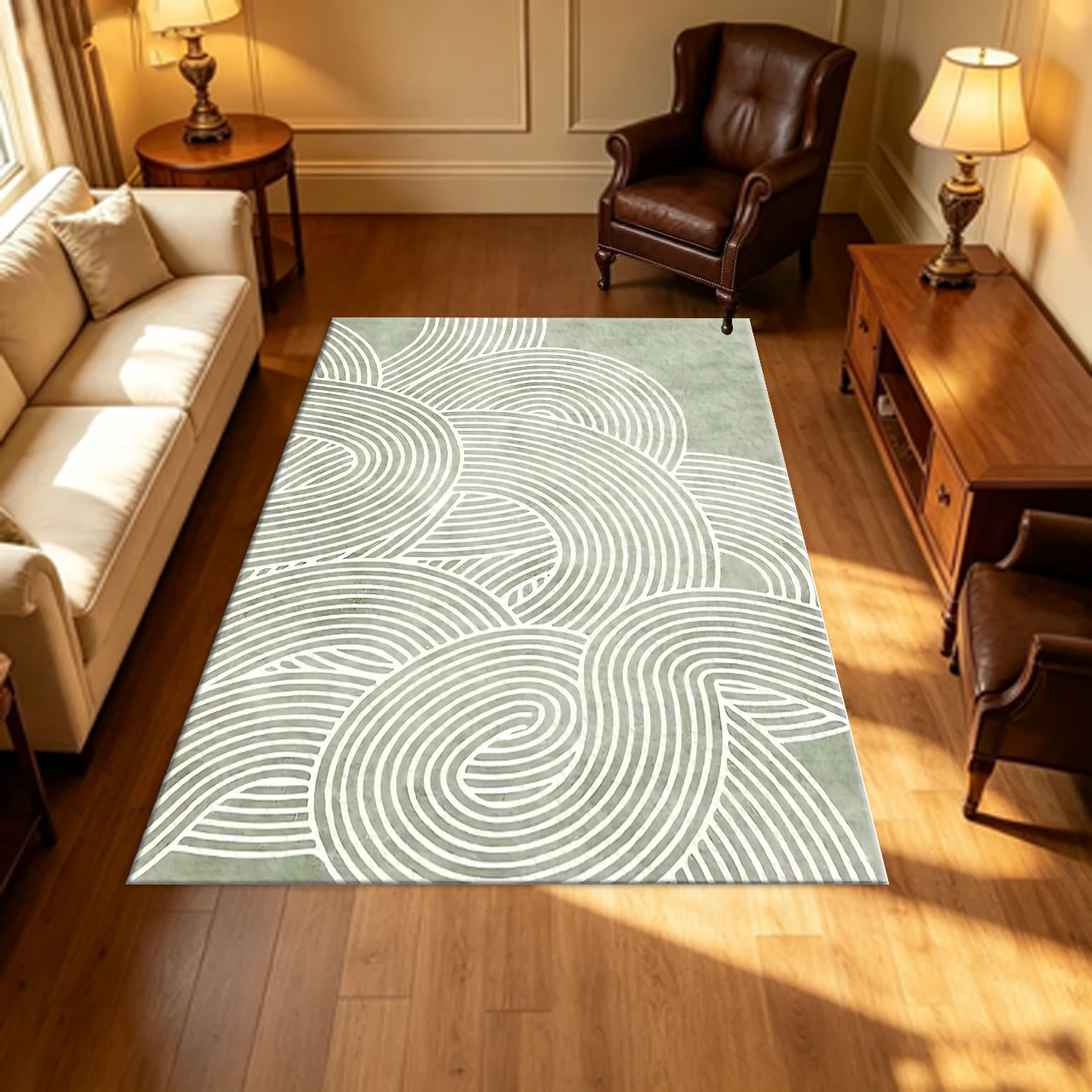 Sage Green Curved Line Abstract Carpet Flooring Boho Style Home Decor Large Area Rug for Living Room Bedroom Dining Room