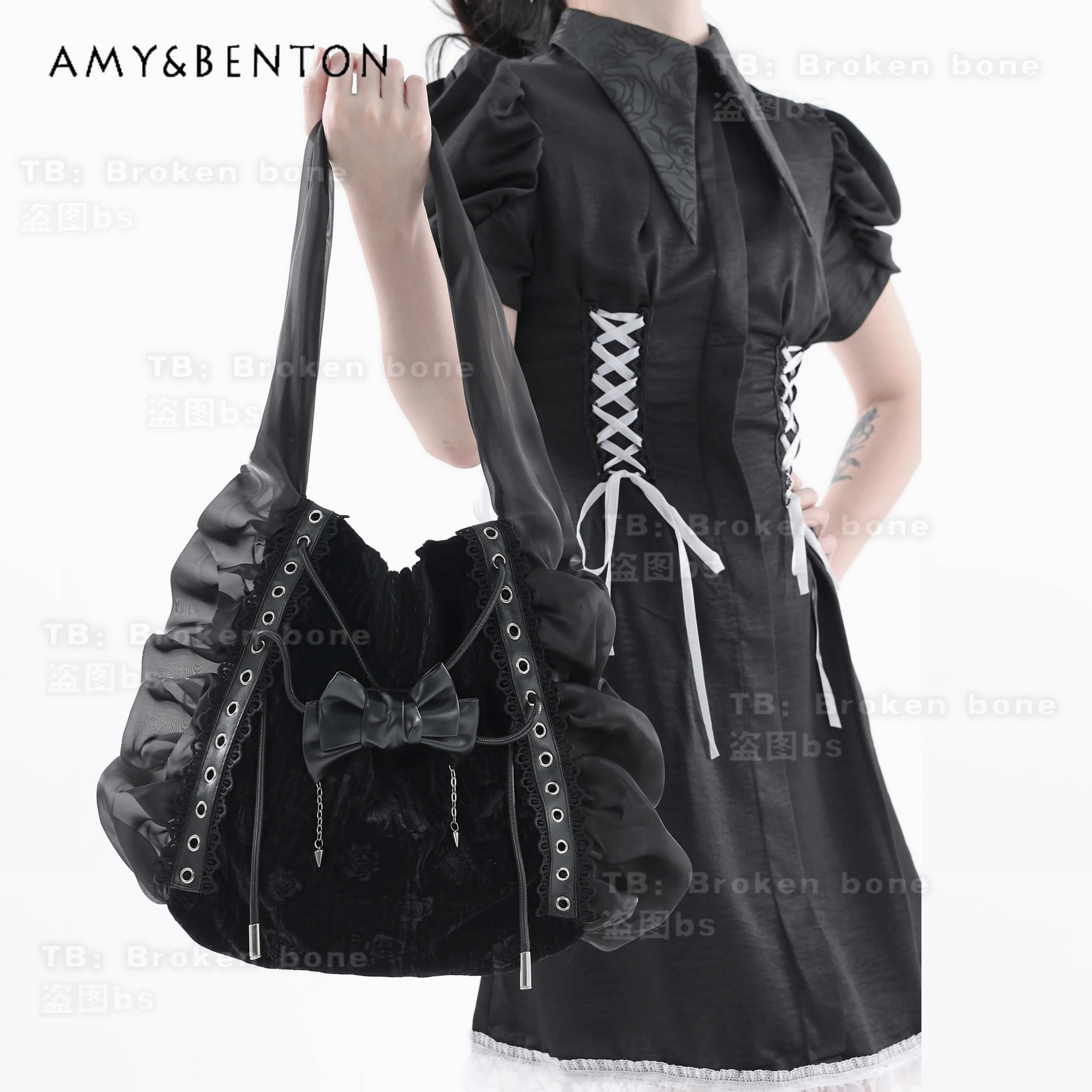 Subculture Y2K Black Mesh Splicing Shoulder Bag Punk Bow Pu Large-capacity Handbag Pleated Velvet Bright Leather Handbags Women