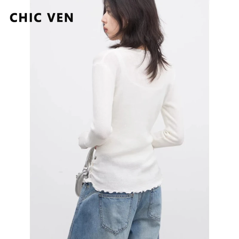 

CHIC VEN New Women Sweaters Solid New V-neck Knitted Pullovers Slim Ruffled Edge Long Sleeved Ladies Shirt Spring Summer 2026