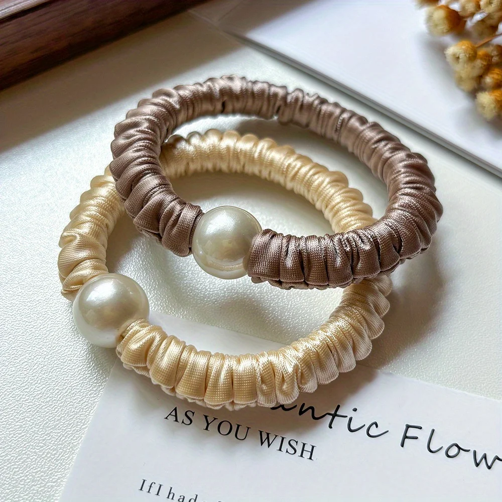 

Elegant Satin Hair Tie with Pearl Details for Women High Elasticity Scrunchie Ponytail Accessories Daily Use