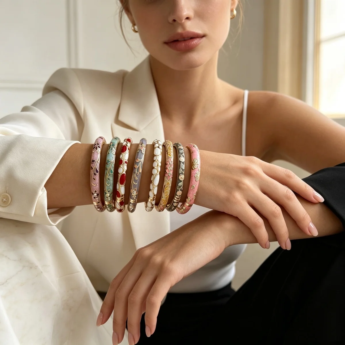 Mehrfarbige, mit tropfendem Öl bedruckte Blumen-Manschettenarmbänder für Damen und Herren, Vintage Boho Blatt Unregelmäßige Ovale Geometrische Armreifen Schmuck – Detail 12