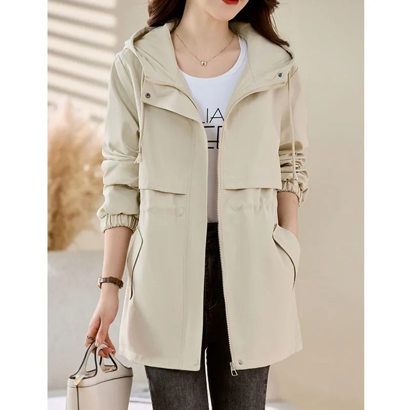 

2026 Spring New Women's Windbreaker Autumn product Slim Simple Hooded Jacket Female Fashion Medium length Casual Trench Coats