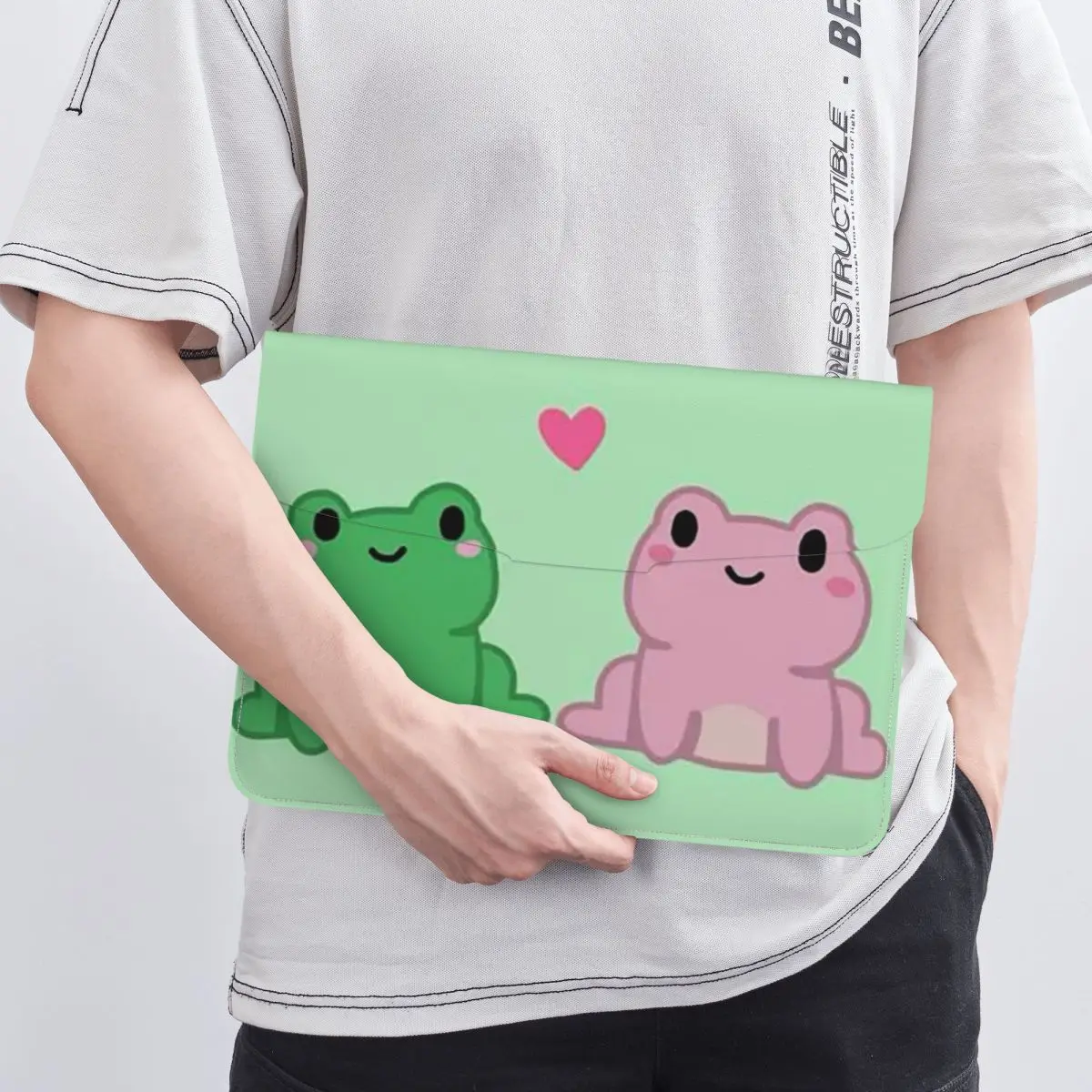 Two Frog Love Heart Cartoon PU Leather Horizontal Laptop Sleeve Shockproof Soft Lining Notebook Case 13 Inch