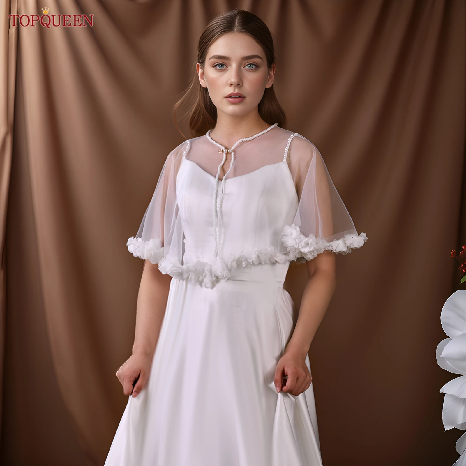 

TOPQUEEN нежная свадебная шаль с цветочным краем, свадебные аксессуары, женская уличная вечеринка, день рождения, мягкий тюль по индивидуальному заказу MG51