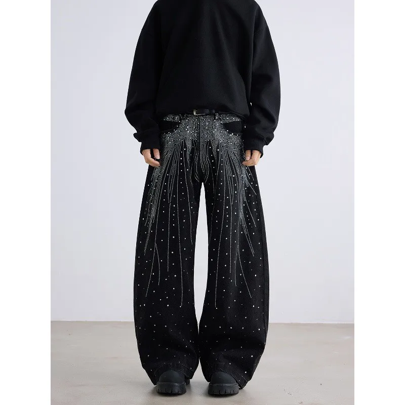 

Американский Sle, модные брендовые джинсы с бриллиантами, мужские широкие джинсы, повседневные прямые джинсы для пар, устойчивые к деформации