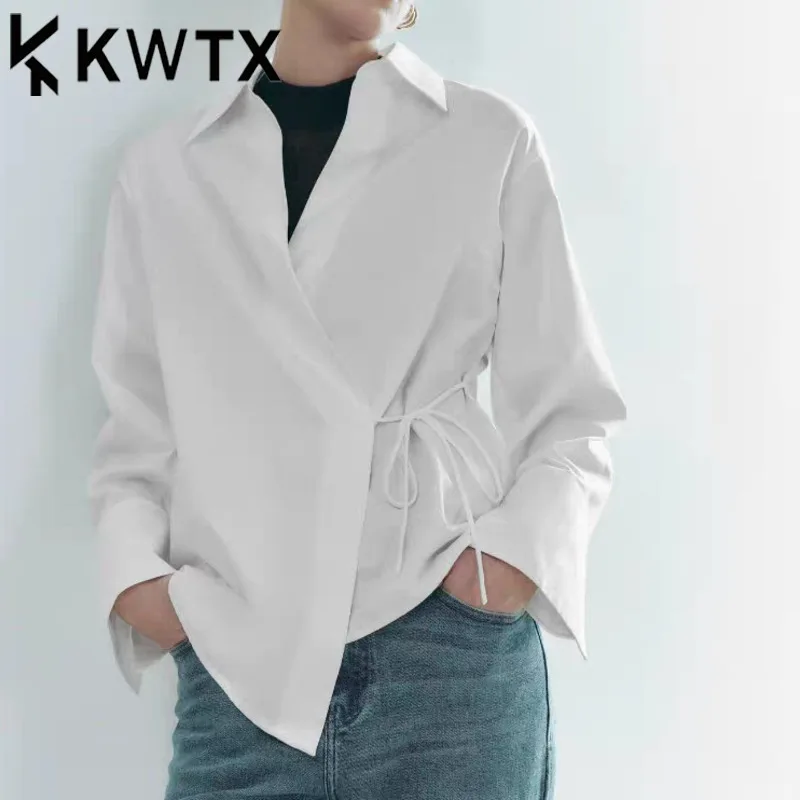 

KWTX Women Shirt Coat Spring Summer 2025 Vintage Luxury Asymmetric Tie Front Lapel Casual White High Street Trendy