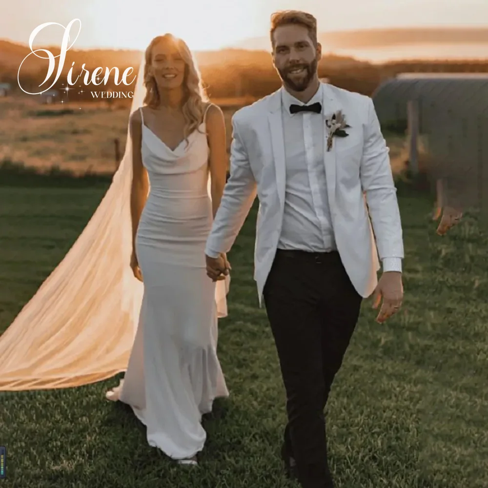 Sirene-Vestido de casamento drapeado sereia cetim, alças, crepe, pescoço, sem costas, sem mangas, vestidos de noiva, simples, elegante, 2024