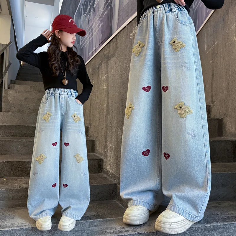 

Girls' Fashion Jeans New Teenage Child Little Bear Embroidered Straight Wide Leg Denim Pants Spring Autumn Kids Loose Trousers