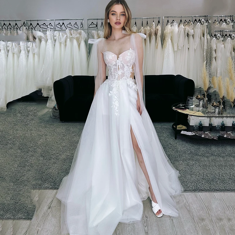 

Eightree White A-Line Wedding Dresses Elegant Appliques Sweetheart Side Slit Bridal Dress Boho Wedding Prom Gowns Customized