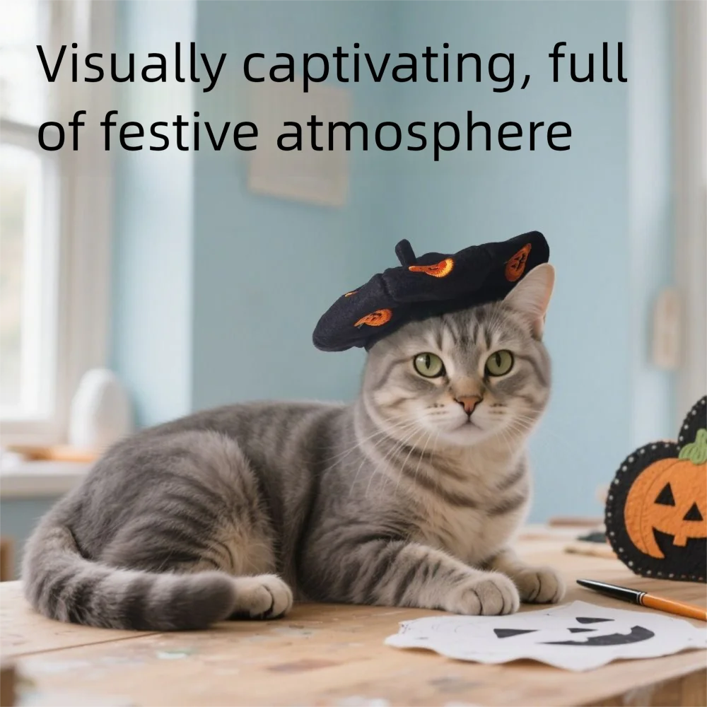 

Adorable Pumpkin Print Pet Beret Hat Cute Adjustable Halloween Pet Decor Creative Comfortable Cat Headwear Outdoor Indoor