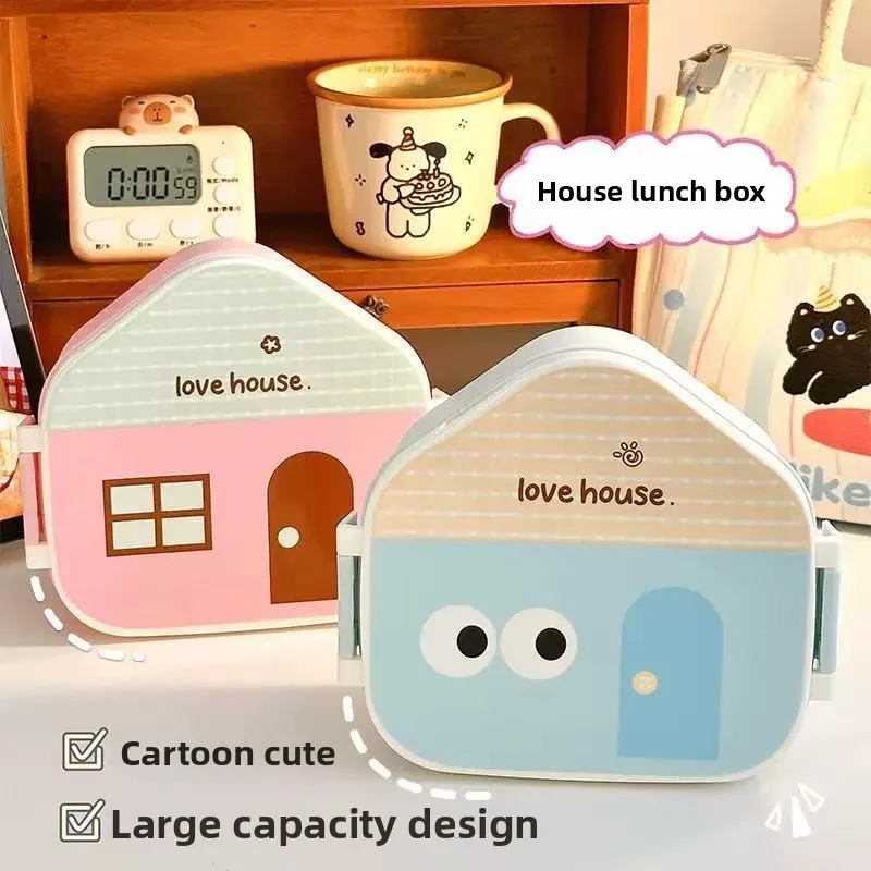 

Cute House Shape Crisper Travel Cartoon Fruit Salad Bento Box Student Children Go To Work Grid Lunch Box