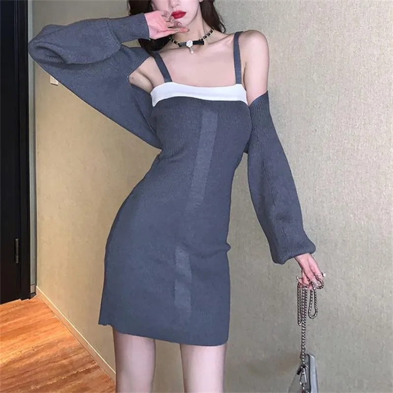 Baju Wanita Korea, syal rajut Mode Korea, Atasan wanita malas musim semi, pas badan, tali ramping, gaun pinggul, Set dua potong