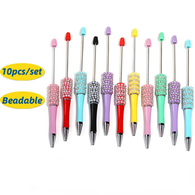 

10pcs DIY Beaded Pen Multicolor Pearl Beadable Pen Set Rhinestone Chain Bead Plastic Rotary Ballpoint Pen Wholesale Freebies Pen