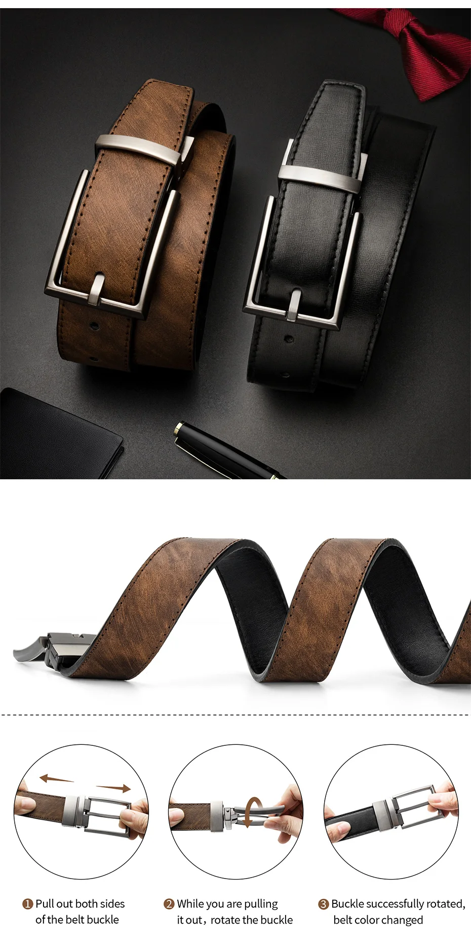 Maikun Reversible Leder Gürtel für Männer Braun Leder Gürtel Für Hosen Boss Gürtel herren Designer Taille Gürtel Kaffee – Detail 2