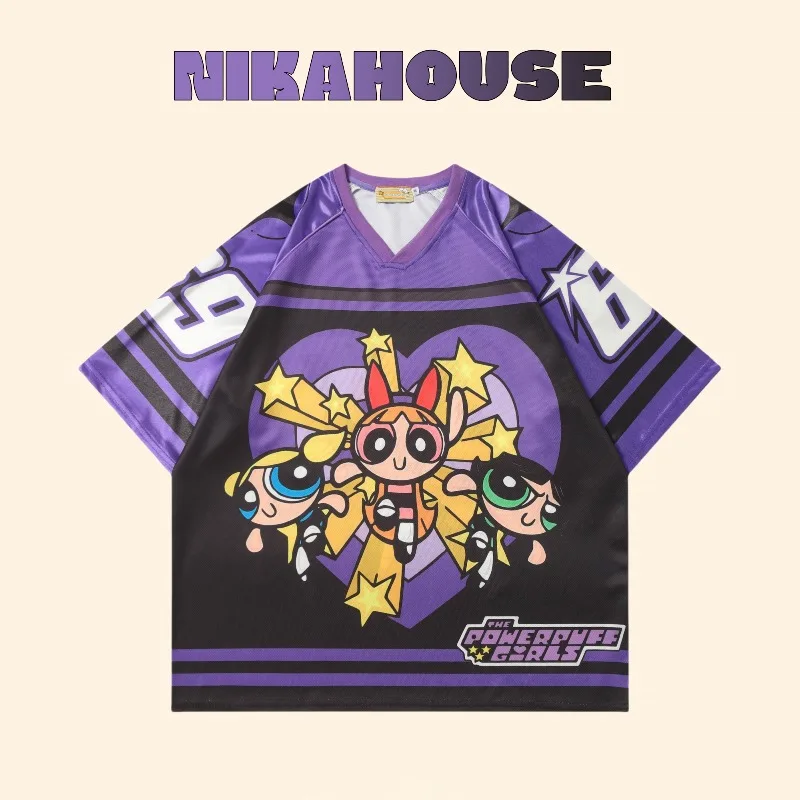 American street sweet cool cartoon purple print V-neck baseball jersey T-shirt top summer new quick dry