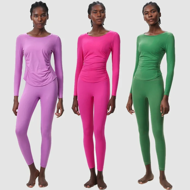 Conjunto de dos piezas de Yoga y Fitness para mujer, traje suave para gimnasio y correr, ropa de entrenamiento transpirable, ropa deportiva femenina de Color sólido