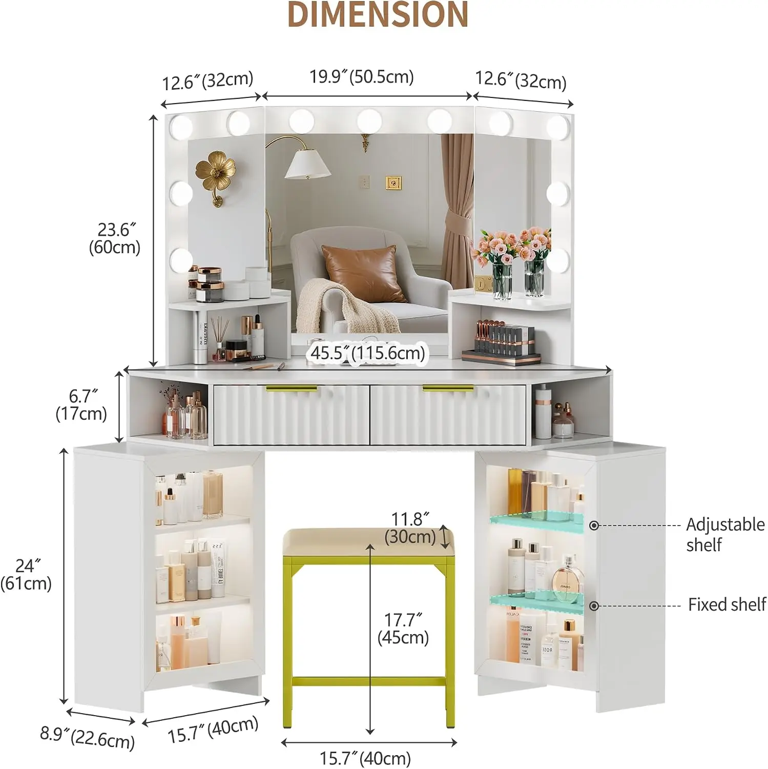 Vanity Desk with Charging Station & LED Lights Mirror – Corner Design HD Triple Mirror Makeup Vanity Table Set with Storage Draw