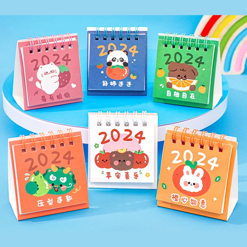 2024 Cartoon Mini Calendar Student Desktop Standing Decoration Loose Leaf Ring Calendar Date Record Book Decoration Ornaments